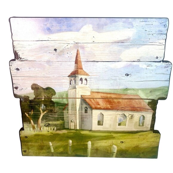 Country Church Decoupage on Wood Rustic Vintage 10 x 10.5 Wall Decor - Picture 1 of 3